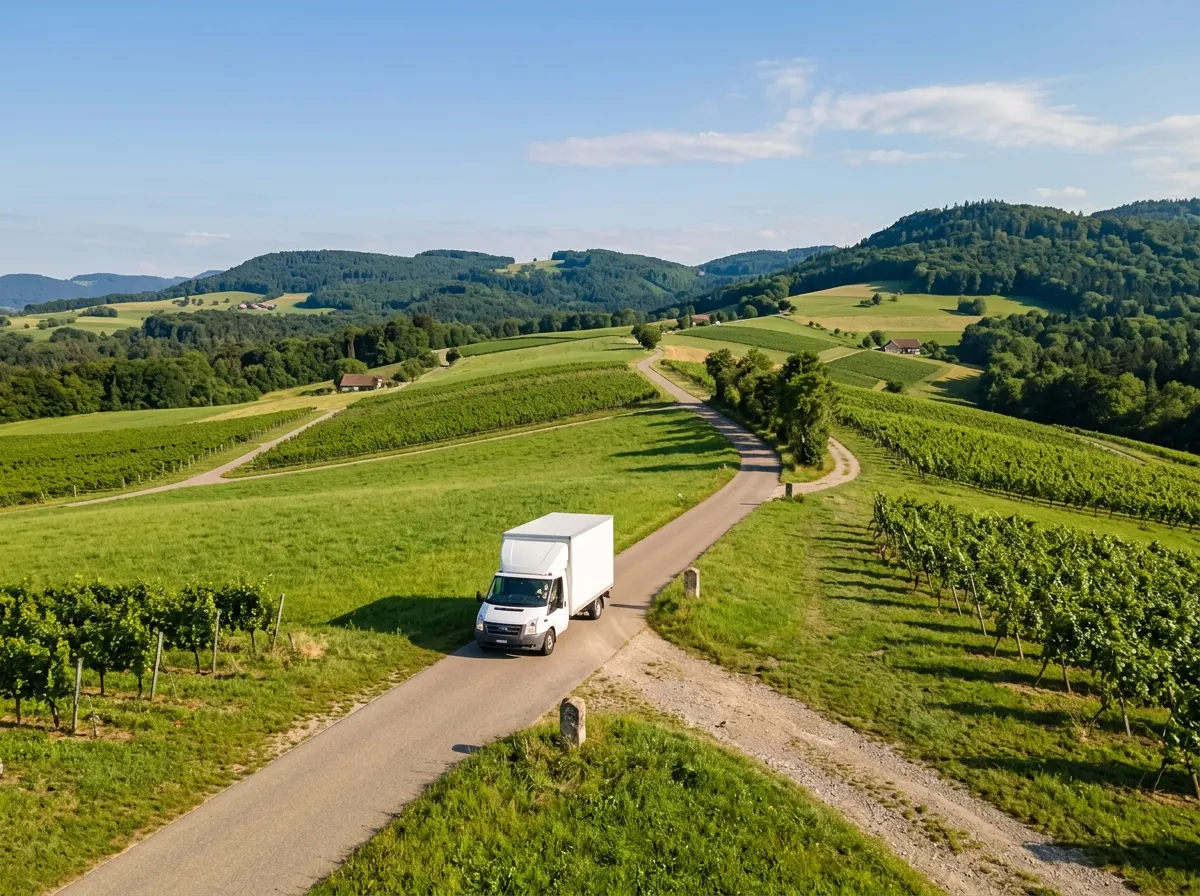 Umzugswagen an einem ländlichen Grenzübergang zwischen der Schweiz und Deutschland