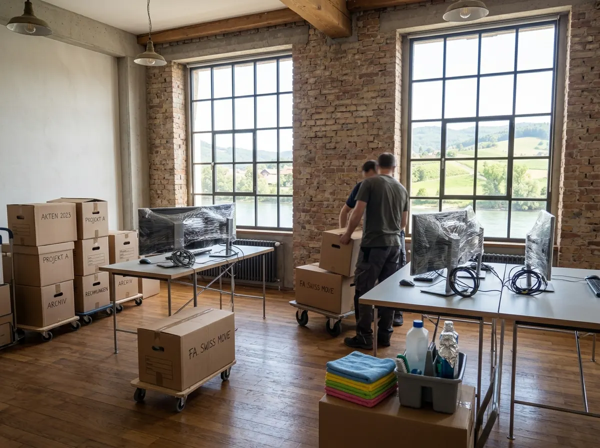Büroräume mit verpackten Arbeitsplätzen, Rollcontainern und Archivkisten