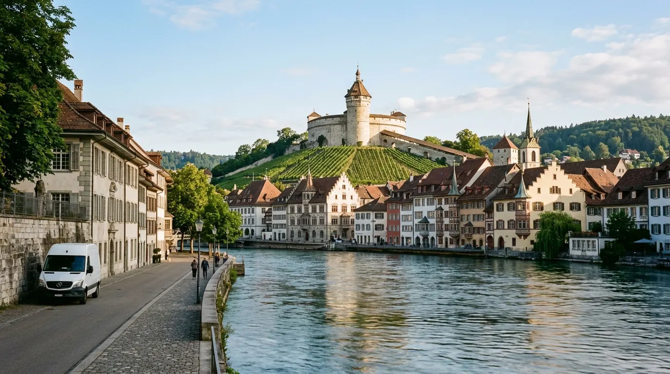 Altstadt Schaffhausen mit Erkerhäusern und dem Munot über dem Rhein