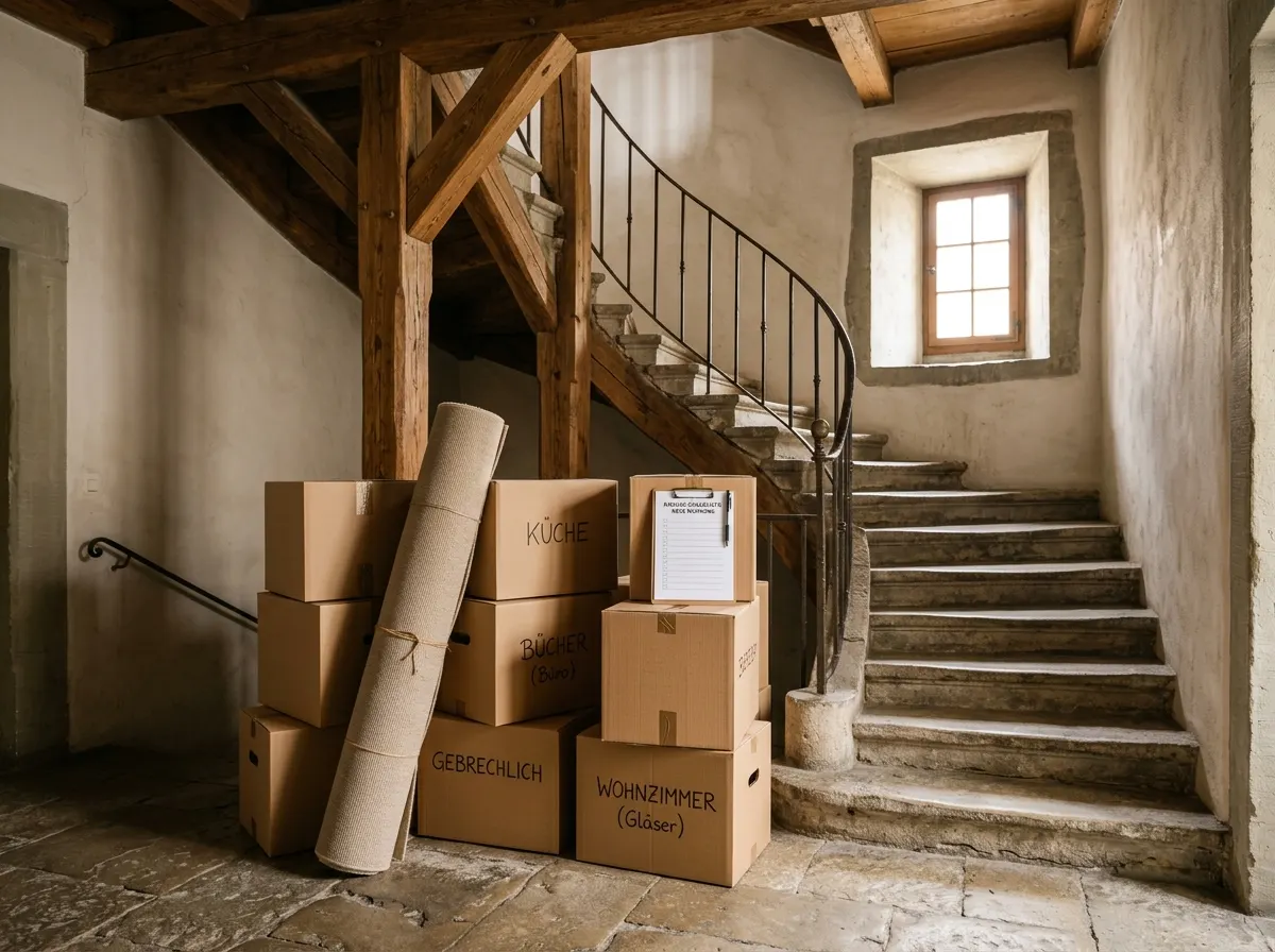 Umzugskartons und Möbel in einer Schaffhauser Altbauwohnung mit Holzboden