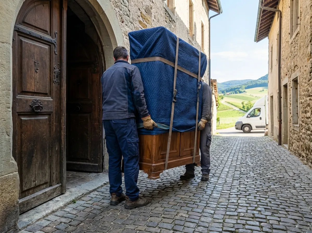 Zwei Umzugshelfer tragen ein Sofa durch ein enges Altstadt-Treppenhaus